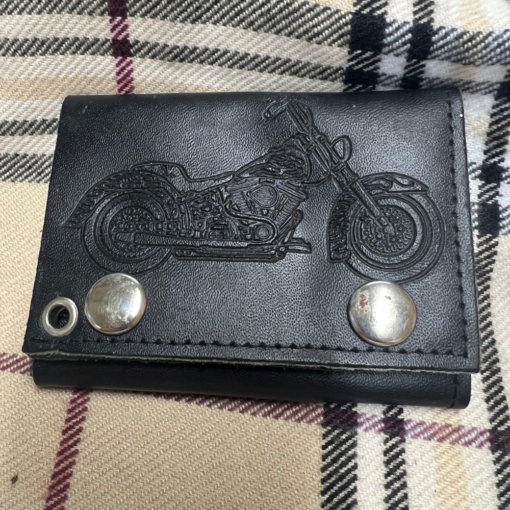 Mens‎ Black Leather Biker Wallet Motorcycle Embossed Tri Fold Snap Closure USA
